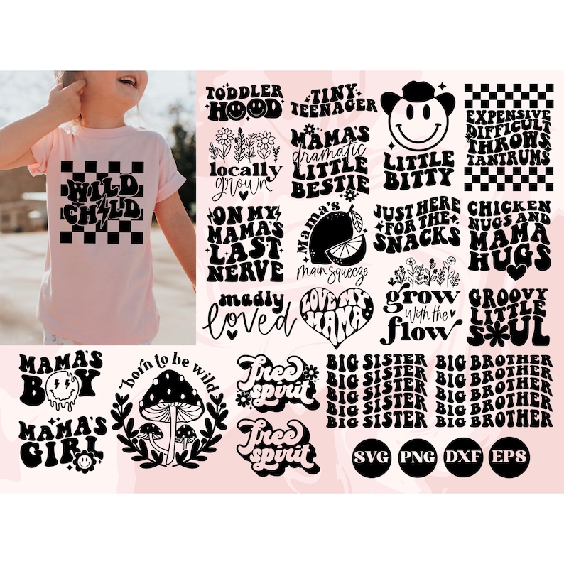 K&ouml;nnte beinhalten: Ein hellrosa T-Shirt f&uuml;r Kleinkinder mit den Worten "WILD CHILD" in einem schwarz-karierten Design. Das Bild zeigt auch verschiedene grafische Designs mit S&auml;tzen wie "Mama's Girl" und "Born to be Wild."