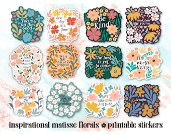 Floral printable stickers png, inspirational sticker png, print and cut sticker, cricut stickers, packaging sticker png, planner sticker png