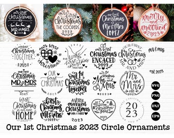 Our first christmas 2023 svg bundle, first christmas ornament svg, our first christmas as mr and mrs svg, christmas ornament svg, wedding