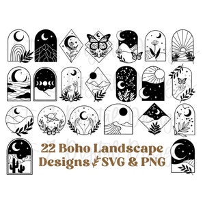 Svg montagne, svg bohème, paysage bohème svg, svg de fleurs, svg botanique, svg de boîte de conserve en verre, svg montagne géométrique, svg papillon bohème lune svg