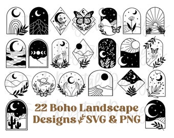 22 Mountain svg, boho svg, boho paysage svg, fleur svg, svg botanique, verre peut svg, géométrique montagne svg, boho papillon svg lune svg