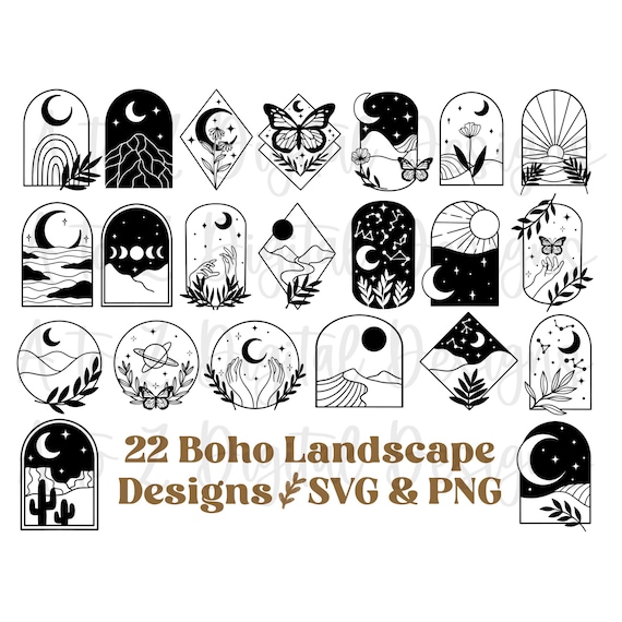 22 Mountain svg, boho svg, boho landscape svg, flower svg, botanical svg, glass can svg, geometric mountain svg, boho butterfly svg moon svg