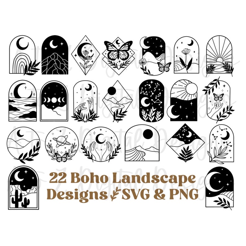 May include: A set of 22 black and white boho landscape designs in SVG and PNG formats. The designs feature celestial elements like moons, stars, and suns, alongside natural elements such as mountains, butterflies, and plants. The designs are in various shapes, including arches, circles, and diamonds.