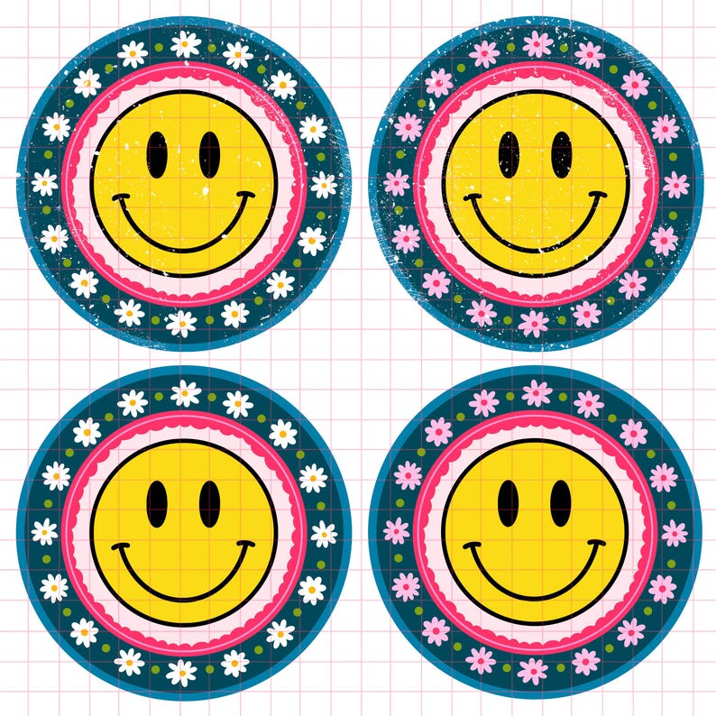 May include: Four round, colorful stickers with a smiling yellow face in the center. Each sticker has a pink, white, and blue border with a white daisy pattern.