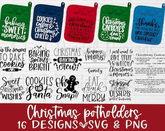 May include: A set of 16 Christmas-themed pot holder designs featuring various festive sayings and illustrations. The designs are in black and white and include phrases like "Baking Spirits Bright", "Christmas Calories Don't Count", and "Cookies for Santa".