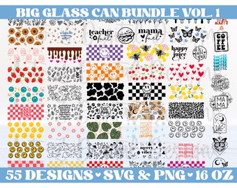 Glass can svg bundle, coffee glass wrap svg, floral wrap svg, 16 oz can svg, libbey can svg, 16 oz can template smiley can svg png full wrap