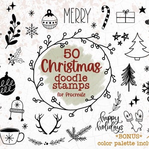 Sellos procreados de Navidad / 50 pinceles de garabatos navideños procreados / sellos de invierno / sellos de árboles de Navidad / paleta de colores navideños