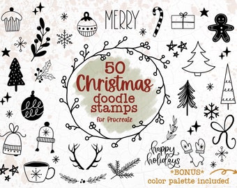 Christmas procreate stamps | 50 procreate christmas doodle brushes | winter stamps | christmas tree stamps | christmas color palette