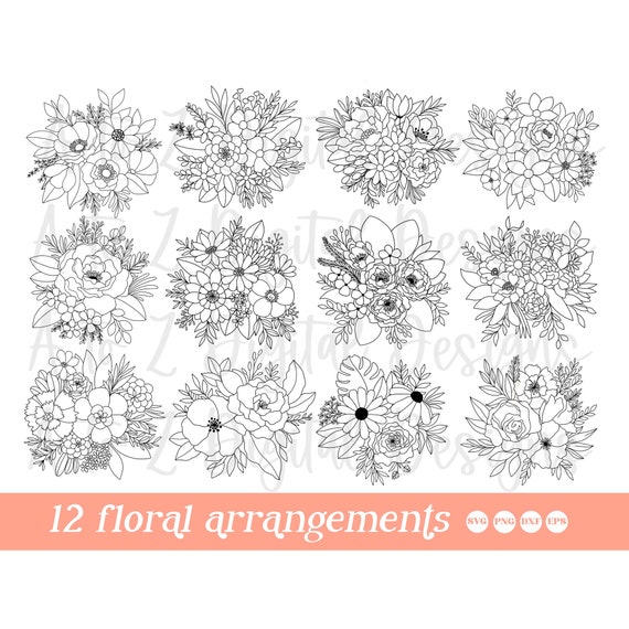 Floral arrangement svg, boho flower svg, flower bouquet svg, flower svg bundle, floral svg, wildflowers svg, flower sketch svg, cut file