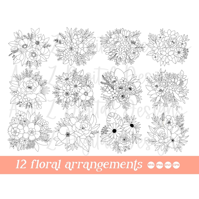 May include: Twelve black and white line art floral arrangements. Each arrangement is a different design of flowers and leaves.