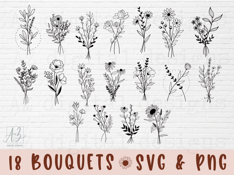 Bouquet svg bundle | flowers svg png hand drawn | floral svg | wildflowers svg | minimalist bouquet svg | botanical svg | field plants svg 