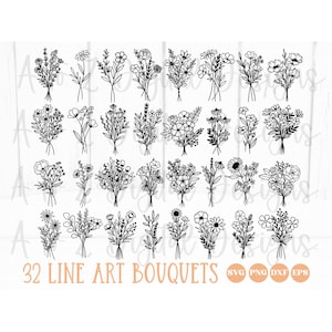 Bouquet svg bundle | flowers svg png hand drawn | floral svg | wildflowers svg | minimalist bouquet svg | botanical svg | field plants svg