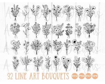 Bouquet svg bundle | flowers svg png hand drawn | floral svg | wildflowers svg | minimalist bouquet svg | botanical svg | field plants svg