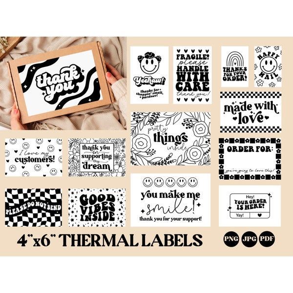 Retro thermal label design bundle, thermal label, printable packaging sticker png, thermal sticker, rollo label, thank you sticker png jpg