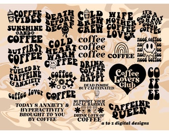 Retro kawa svg, kawa svg, mrożona kawa svg, falista kawa svg, hippie svg, estetyczny svg, modny svg, retro svg, falisty tekst svg kofeina svg