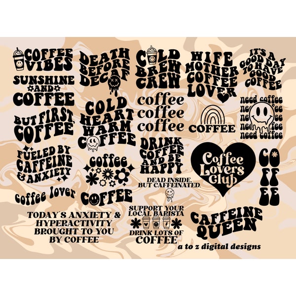 Svg café rétro, svg café, svg café glacé, svg café ondulé, svg hippie, svg esthétique, svg tendance, svg rétro, texte ondulé svg caféine svg