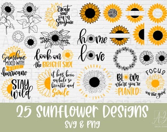 May include: A set of 25 sunflower designs in black, white, and yellow. The designs include various sunflower illustrations, wreaths, and text-based designs with phrases like "Sunshine mixed with a little hurricane", "Look on the bright side", and "Bloom where you're planted".