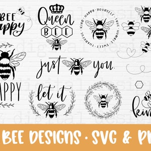Pacote de letras à mão svg de abelha | svg gentil de abelha | svg feliz de abelha | svg de trilhas de abelha | svg de ditados de abelha | svg de citação de abelha | clipart png de coroa de abelha svg