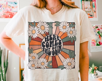 Here comes the sun boho hippie png, summer png, distressed png, boho png, floral png sublimation, daisy png, sunshine png, beach png, dtf