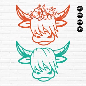 May include: Two line drawings of a Highland cow head with a floral crown on the top one. The top cow is in orange and the bottom cow is in teal.