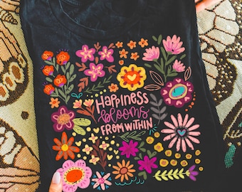Positive boho floral quote png, happiness blooms from within, flowers png, inspirational png, kindness png, t shirt png, sublimation design