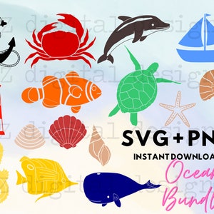Könnte beinhalten: Ein Set mit 12 digitalen SVG- und PNG-Dateien zum Thema Meer. Die Bilder beinhalten einen Leuchtturm, einen Anker, eine Krabbe, einen Delfin, eine Meeresschildkröte, einen Seestern, Muscheln, einen Clownfisch, ein Seepferdchen, einen Kaiserfisch, einen Wal und ein Segelboot. Die Dateien sind perfekt für Basteln, Scrapbooking und andere kreative Projekte.
