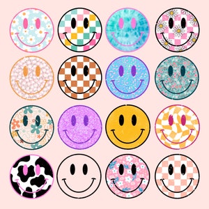 Smiley png, verdrietige smiley png, smileysublimatie png, geruite smiley png, madeliefjesmiley png, blij gezicht png, retro bloem png groovy