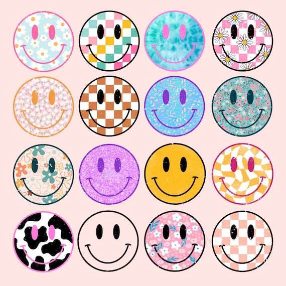 Smiley PNG, distressed smiley png, smiley sublimation png, checkered smiley png, daisy smiley png, happy face png, retro flower png groovy