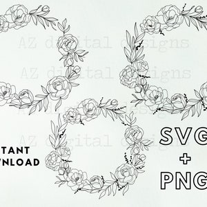 Pfingstrose Kranz svg | handgezeichnete Pfingstrosen | Pfingstrose Kranz Linie Kunst | Blumenkranz | Pfingstrose ClipArt | kommerzielle Nutzung Cliparts svg | Blütenkreis