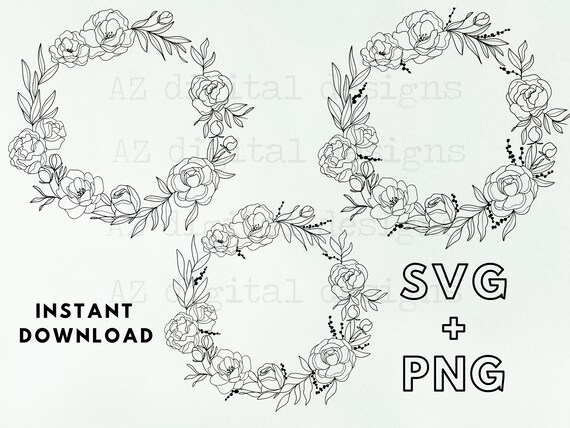 Peony wreath svg | hand drawn peonies | peony wreath line art | floral wreath | peony clip art | commercial use clipart svg | flower circle