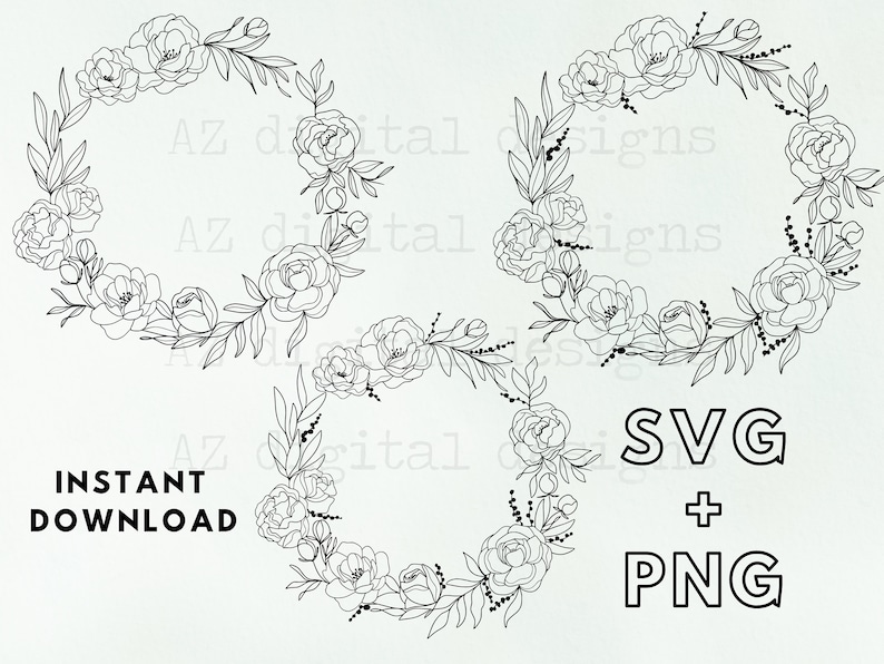 May include: Three black and white outline wreaths with floral designs. The wreaths are made of leaves and flowers. The text "INSTANT DOWNLOAD" and "SVG + PNG" are in the bottom left and right corners of the image.