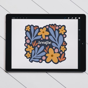 May include: A digital illustration of a floral design with the word "breathe" in the center. The flowers are yellow, orange, and pink, and the leaves are blue and green. The background is white.