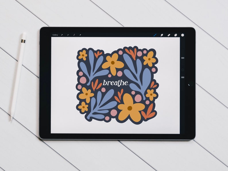 May include: A digital illustration of a floral design with the word "breathe" in the center. The flowers are yellow, orange, and pink, and the leaves are blue and green. The background is white.