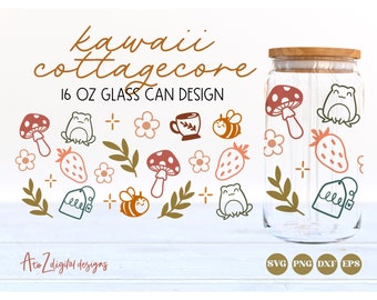 Cottagecore 16 oz glass can svg, mushroom glass can svg, kawaii svg, libbey can wrap svg, bee can wrap svg, floral glass can svg png dxf eps