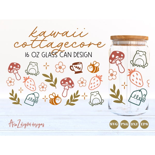 Cottagecore 16 oz glass can svg, mushroom glass can svg, kawaii svg, libbey can wrap svg, bee can wrap svg, floral glass can svg png dxf eps
