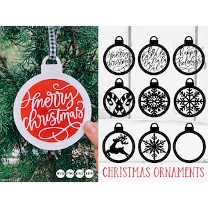 May include: A set of ten black and white Christmas ornament SVG cut files. The ornaments feature various designs including snowflakes, candy canes, reindeer, and the text "Merry Christmas" and "La la la la la".