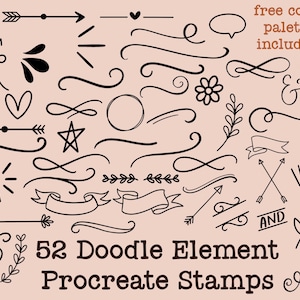 May include: A set of 52 black and white doodle elements for Procreate stamps. The doodles include arrows, swirls, stars, hearts, flowers, leaves, and more.