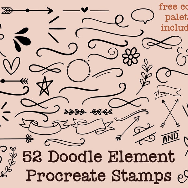 Doodle element procreate stamps | 52 procreate doodle brushes | flourishes procreate stamps | banner procreate stamps | doodle procreate