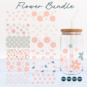 Pacote de lata de vidro de flor svg, embalagem de lata de margarida svg, embalagem floral svg, lata de 16 oz svg, lata libbey svg, modelo de lata de 16 oz, embalagem de copo png, sublimação
