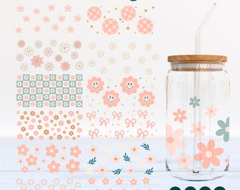 May include: A digital download of 10 floral patterns in pink, green, and brown. The patterns include flowers, bows, smiley faces, and checkered designs. The patterns are displayed on a white background with the text "Flower Bundle" and "SVG PNG DXF EPS" at the bottom.