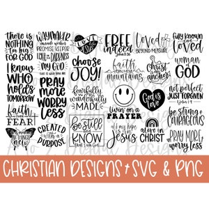 May include: Black and white graphic design with Christian quotes and phrases. The design includes phrases like "Waymaker", "Choose Joy", "Be Still and Know", "God is Love", "Pray More Worry Less", and "Woman of God".