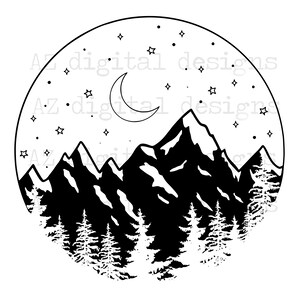 May include: Black and white circular illustration featuring a mountain range, pine trees, a crescent moon, and stars. The text "AZ digital designs" is visible around the circle.