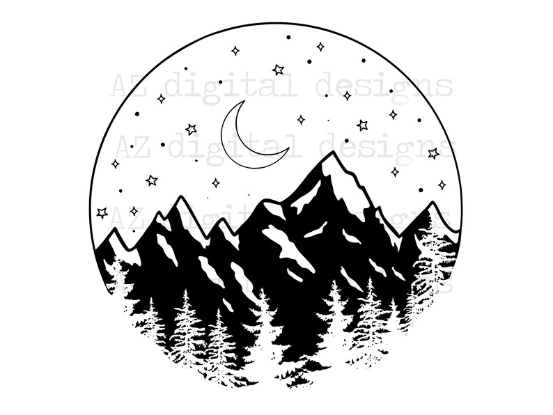 May include: Black and white circular illustration featuring a mountain range, pine trees, a crescent moon, and stars. The text "AZ digital designs" is visible around the circle.