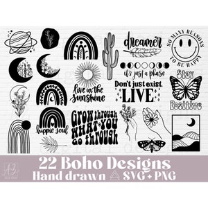 Boho svg bündel Hand gezeichnet | Hippie svg bündel | Boho svg | Blumen Mond svg | Boho Regenbogen svg | Mondphasen svg | Blumen svg png png