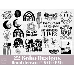 Boho svg bundle hand drawn | hippie svg bundle | boho svg | floral moon svg | boho rainbow svg | moon phases svg | flower svg png clipart