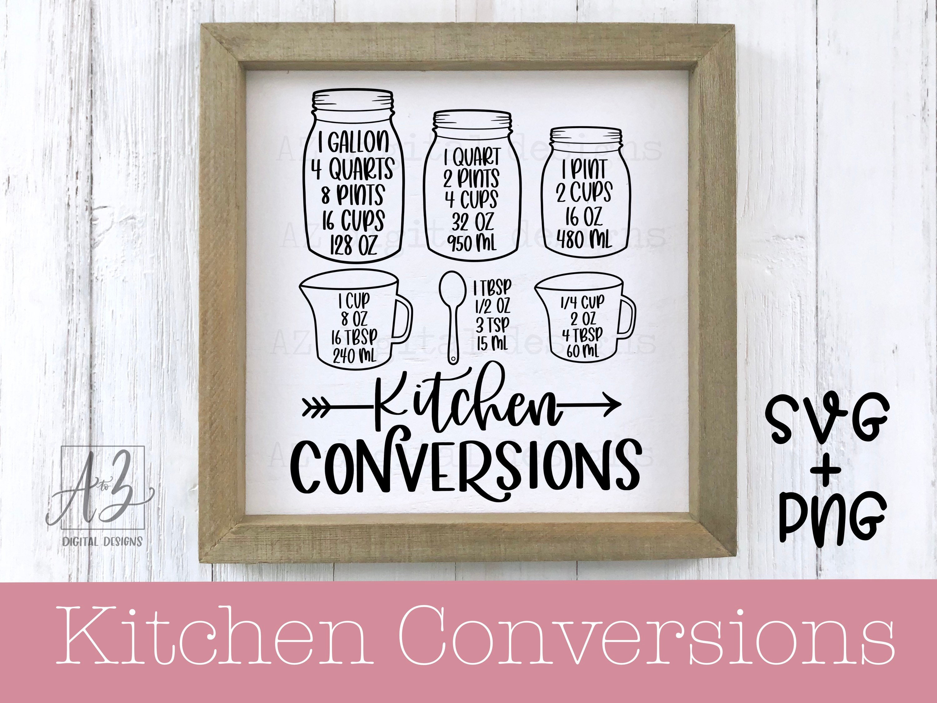 Colorful Measuring Cups SVG and Printable Kitchen Conversion Chart Clipart  to make kitchen and cooking gifts