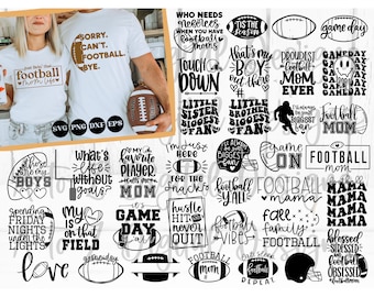 May include: A collection of black and white graphic designs featuring football-themed phrases and images. Some of the phrases include "Game Day", "Football Mom", "What's Life Without Goals?" and "Those Are My Boys".