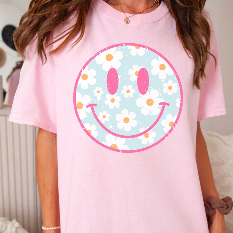 Smiley PNG, distressed smiley png, smiley sublimation png, checkered smiley png, daisy smiley png, happy face png, retro flower png groovy image 2