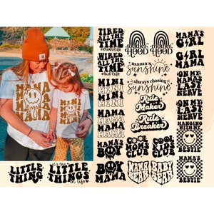 Groovy mami y yo svg paquete, retro mamá y mini svg, día de las madres svg, mamá svg, boho mama svg, camisa a juego svg, mamá texto ondulado svg png