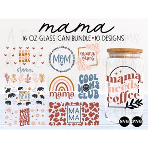Pacchetto di lattine di vetro Mama svg, involucro di lattine Mama retrò svg, orso Mama svg, lattina con stampa leopardata Mama svg, involucro di lattine di vetro svg, lattina Libbey da 16 once svg png